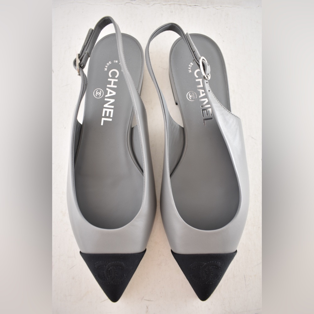 Chanel 24A Gray Leather Black CC Logo Coco Slingback Pointed Toe Ballet Flat 36c - Picture 10 of 16